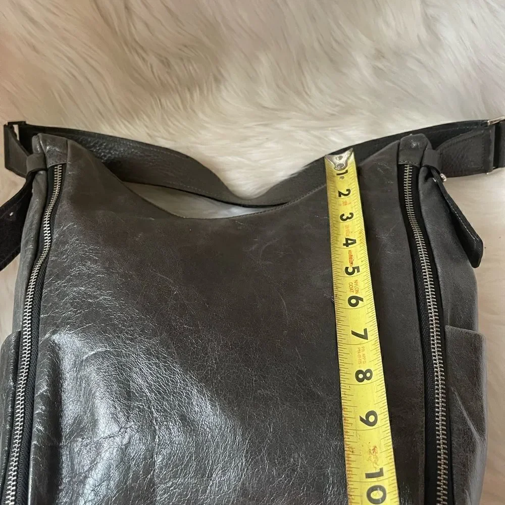 Arcadia gray Italian soft leather shoulder bag with extended silver tone…